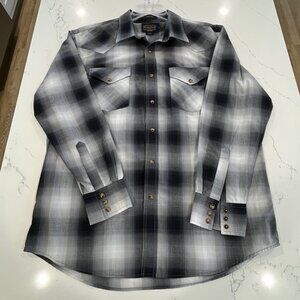 Pendleton Frontier Western Shirt Mens Large Black Plaid Pearl Snap Pockets